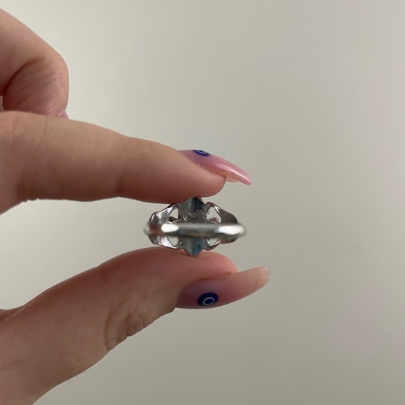 Vintage Blue Green Turquoise Stone Almond Diamond Shaped Rose Band Ring - Picture 4 of 4